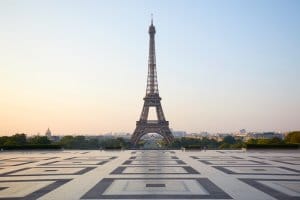 Eiffel tower, empty Trocadero, nobody in a clear summer morning in Paris, France