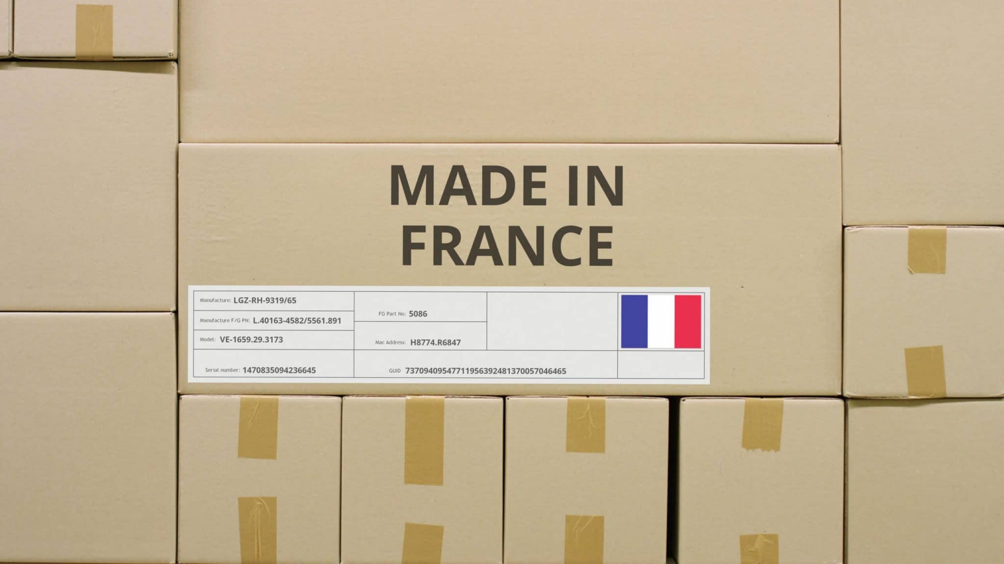 MADE IN FRANCE text and flag label on the carton in a storage