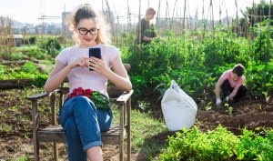 Portrait of teenage girl addicting in phone while her family working on vegetable garden