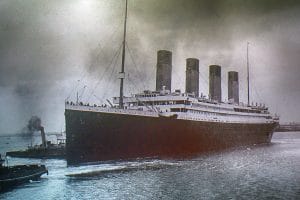 Titanic on an old photo, Belfast, Northern Ireland