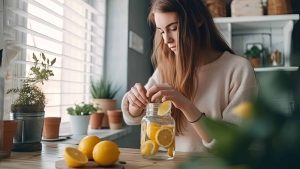 Une femme prépare une citronnade avec des citrons.