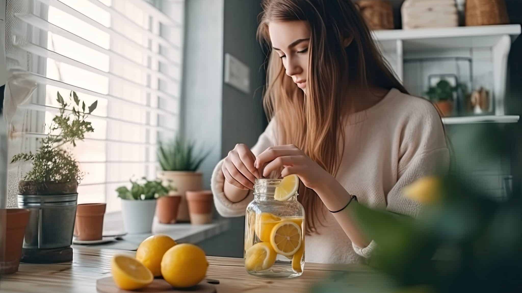 Une femme prépare une citronnade avec des citrons.