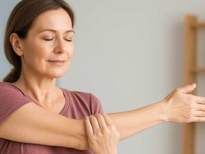 Femme qui fait un micro‑étirement - Source : Dall-E