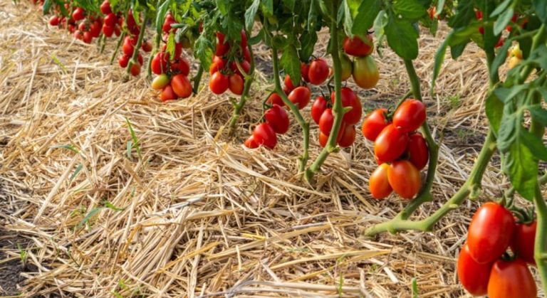 Paillage sur plants de tomates