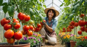 Femme qui jardine avec ses tomates