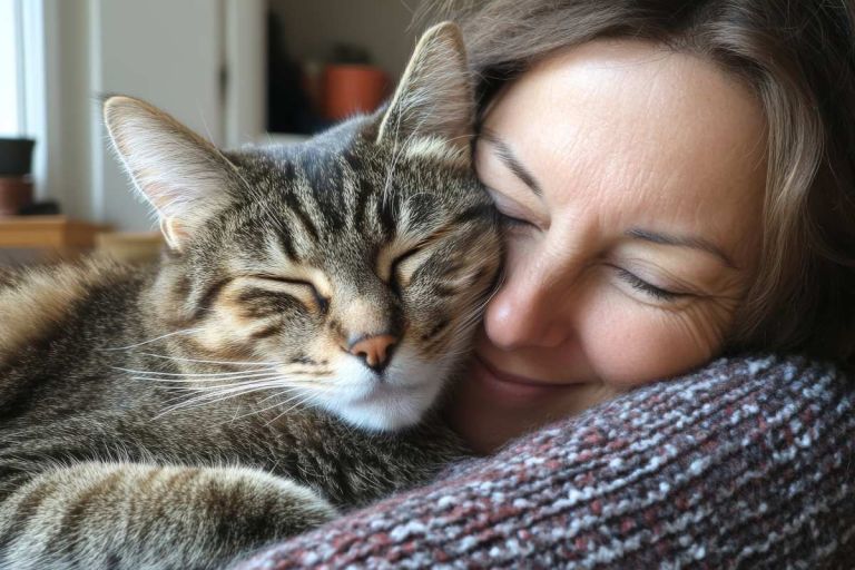 Femme qui fait un calin à son chat - crédit photo : Jiwa_Visual via Adobe Stock