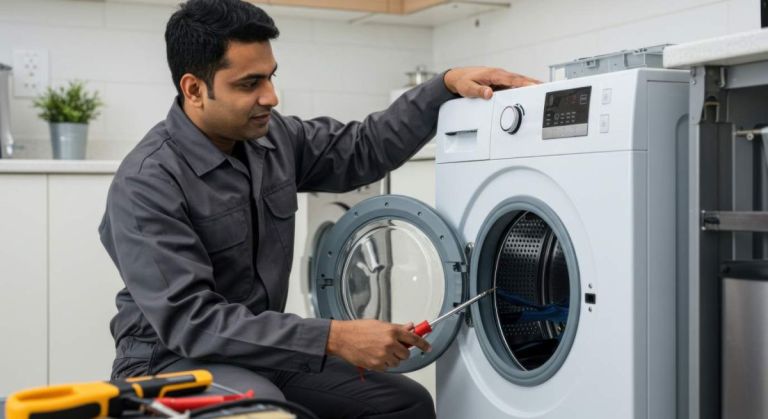 Technicien lave-linge - crédit photo : nahlatun via Adobe Stock