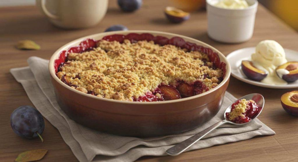 Croustillant dessus, fondant dessous… ce crumble aux prunes est le dessert doudou parfait pour finir l’été en beauté