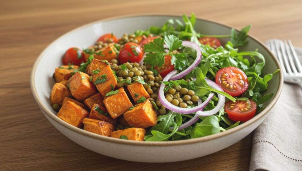 Des lentilles fondantes, des patates douces rôties… cette salade veggie cale mieux qu’un plat de pâtes le midi