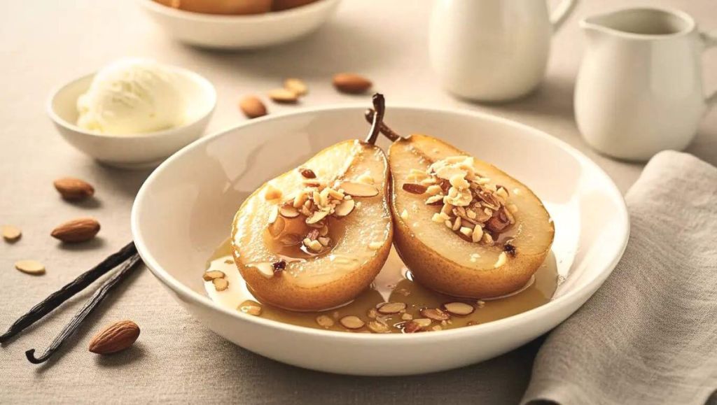 Ces poires pochées à la vanille fondent en bouche et croustillent sous les amandes : un dessert d’automne divin