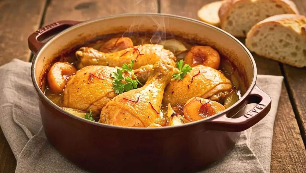 Poulet moelleux et coings caramélisés : une cocotte dorée où le sucré‑salé fond sous la dent et embaume la maison