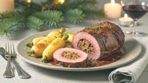 Ce filet de biche farci aux figues avec sauce pain d’épices est la recette qui sublime vos repas de Noël sans effort