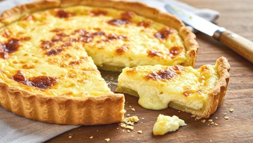 Tarte au maroilles coulante avec une part découpée