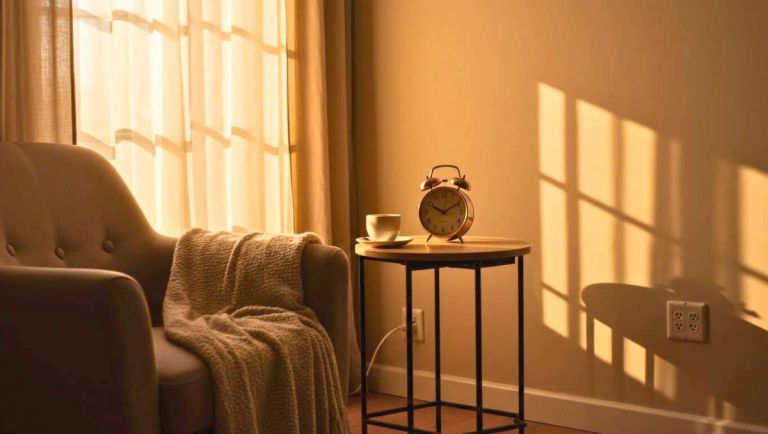 Pièce cosy avec lumière chaude et un réveil
