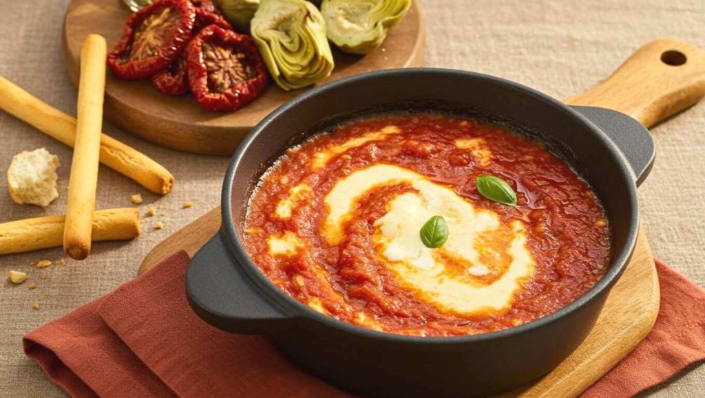 Fondue d’inspiration italienne ultra gourmande dans un grand récipient en fonte