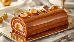 Biscuit cacao, cœur roulé, mousse légère : cette bûche marrons-poires transforme votre réveillon en grand soir