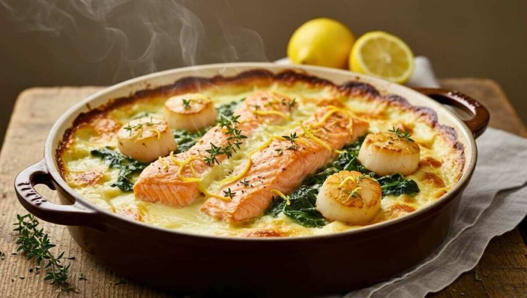 Ce gratin ultra-facile au saumon et Saint-Jacques devient la star de tous les repas de fête