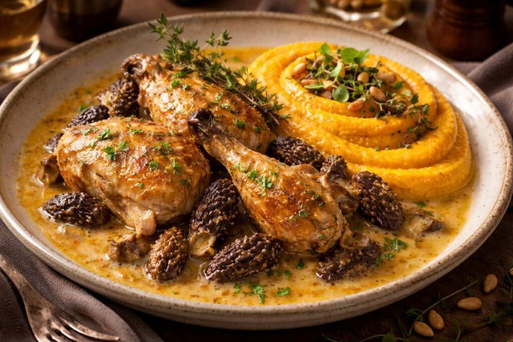 Cette poularde aux morilles, vin jaune et purée de potimarron est un concentré de raffinement et de réconfort