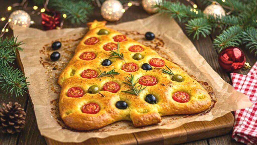 Focaccia de Noël maison : forme sapin, huile d’olive fruitée, tomates et olives, une entrée parfaite de fêtes