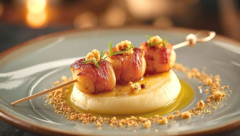 Le contraste parfait : noix de Saint-Jacques moelleuses, lard croustillant, purée douce et crumble doré
