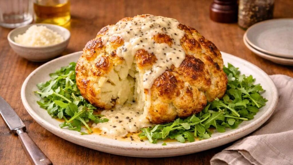 Ce chou-fleur rôti entier, nappé de pecorino et de poivre, transforme un simple dîner en plat de fête familiale