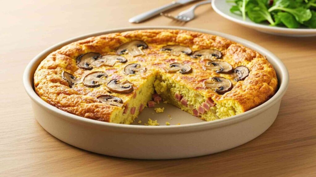 Ce clafoutis salé aux champignons et jambon transforme trois ingrédients du frigo en un dîner moelleux, doré et irrésistible