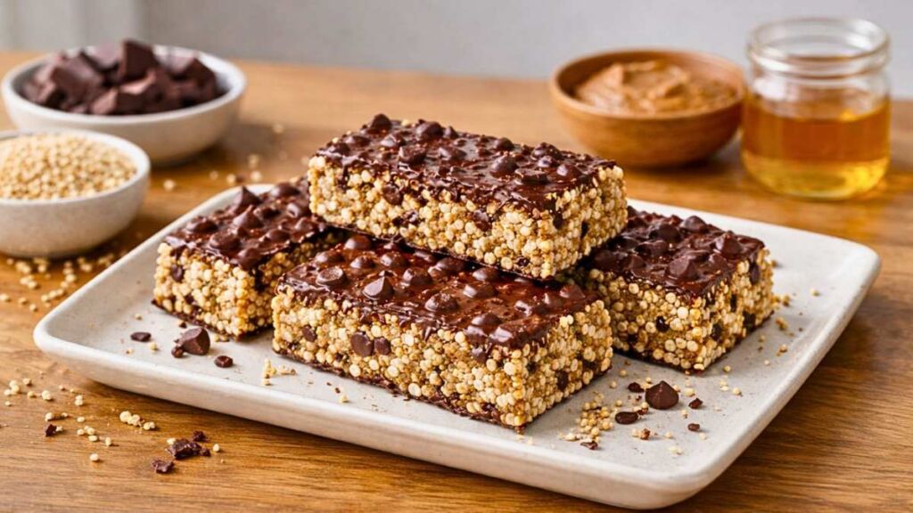 Ces barres croustillantes au quinoa et chocolat prouvent qu’un goûter sain peut aussi être irrésistible