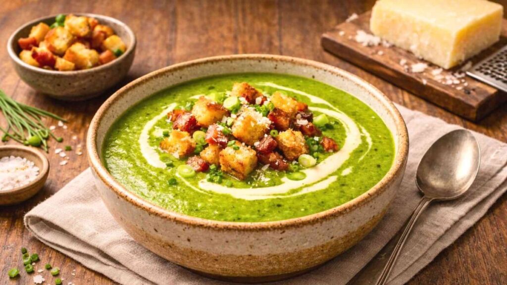 Cette soupe verte très simple cache un secret irrésistible : des croûtons fumés qui changent chaque cuillerée
