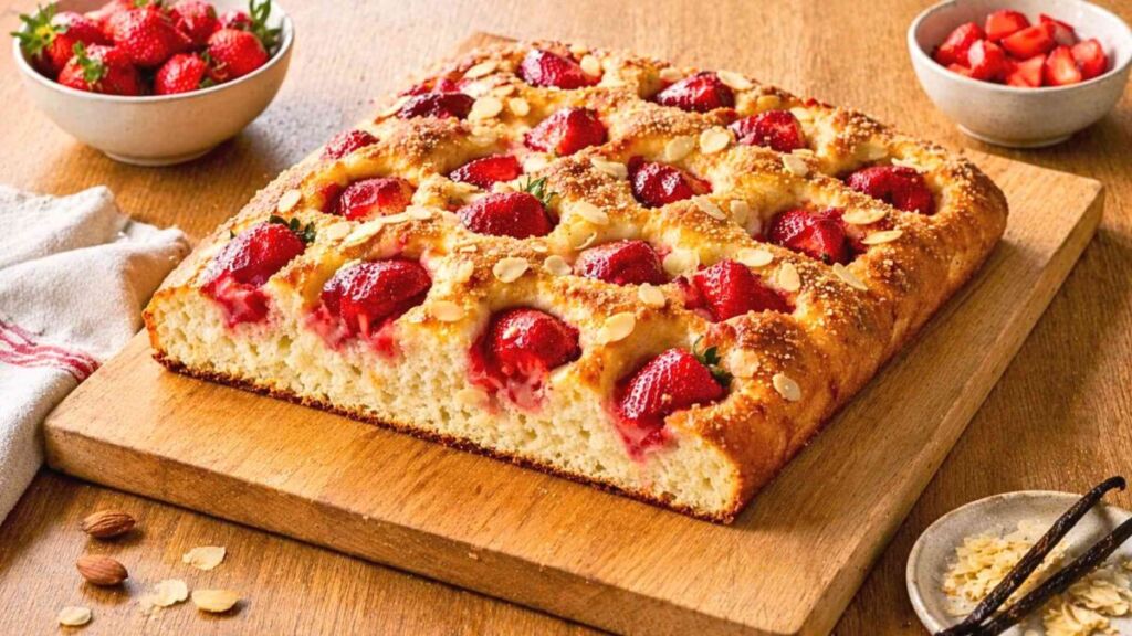 Cette focaccia sucrée aux fraises et vanille surprend par sa texture aérienne et son goût délicatement fruité