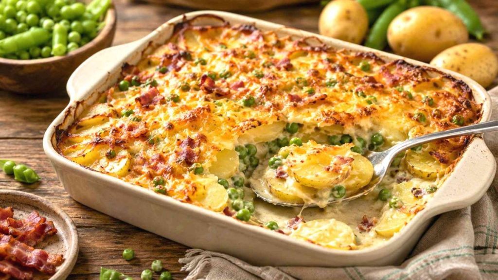 Ce gratin de pommes de terre nouvelles aux petits pois mêle croûte dorée, crème fondante et douceur verte printanière