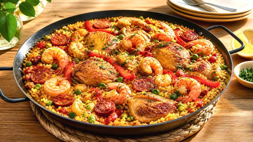 Cette paëlla au chorizo, poulet et crevettes devient inoubliable grâce à une cuisson maîtrisée et un fond savoureux