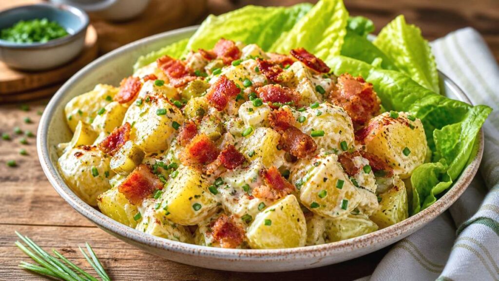 Cette salade de pommes de terre tiède au bacon garde le confort du gratin avec plus de fraîcheur printanière à table