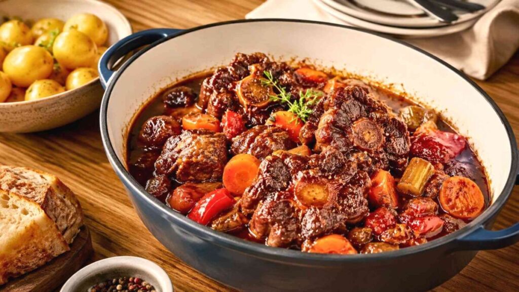 Entre légumes fondants et sauce au vin rouge, cette queue de bœuf mijotée revisite une grande tradition rustique espagnole