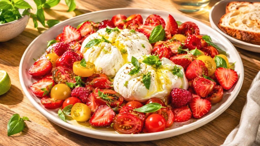 La burrata tomates, fraises et framboises de Cyril Lignac transforme l’été en assiette fraîche, crémeuse et parfumée à souhait