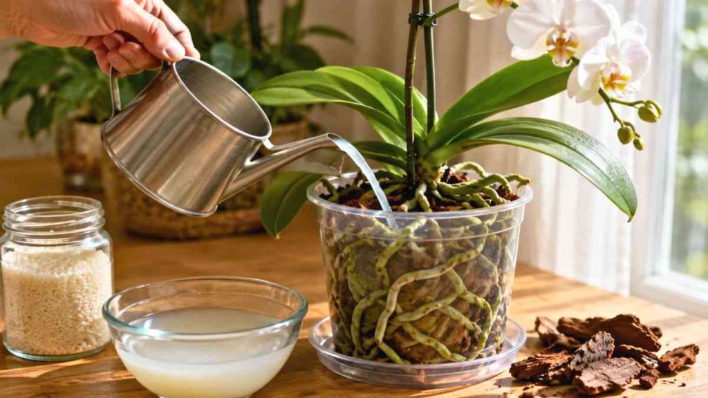 L’eau de riz peut aider les orchidées au printemps avec ce dosage qui évite les racines détrempées en pot transparent