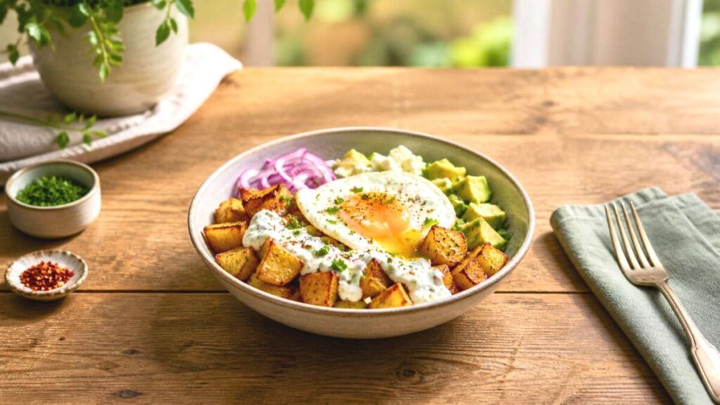 Pommes de terre croustillantes, œuf coulant, sauce fraîche : le bowl brunch prêt en 25 minutes sans cuisine compliquée