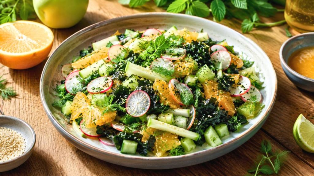 Avec de la pomme granny, des radis et des agrumes, cette salade terre-mer aux algues réveille vraiment l’assiette