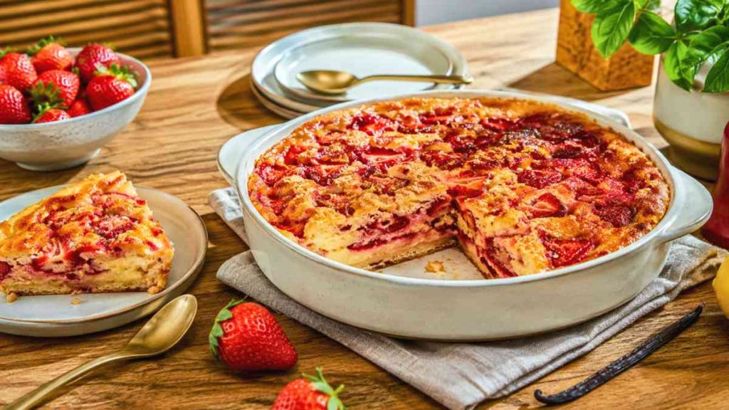 Ce flan aux fraises d’autrefois cache une gourmandise très douce, sans beurre, sans crème et sans lourdeur