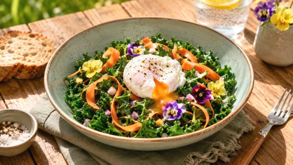 Chou kale fondant, carottes nouvelles croustillantes et œuf poché tiède : l’assiette vitaminée et économique du printemps