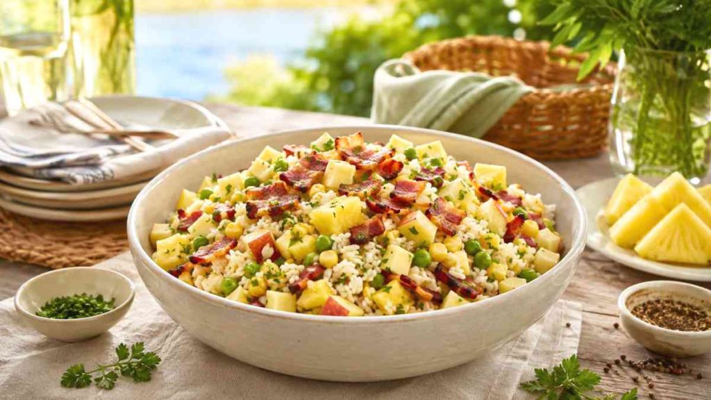 Salade de riz au croustillant de lardons et éclats de fruits : la fraîcheur sucrée-salée pour vos déjeuners d’été