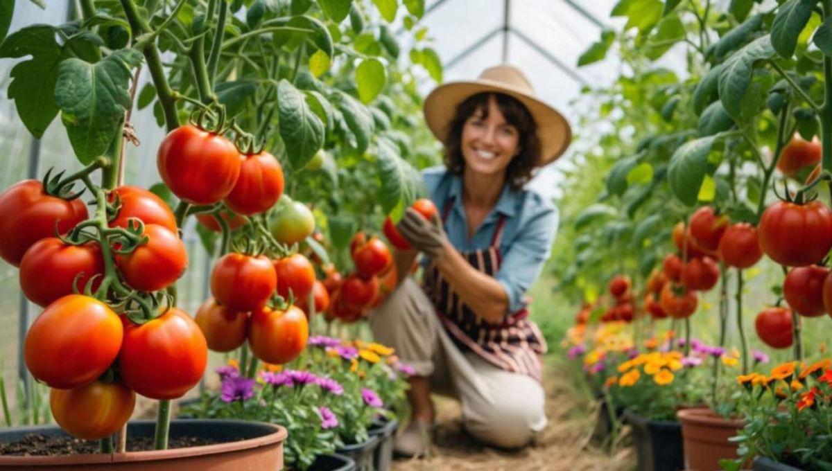 Femme qui jardine avec ses tomates