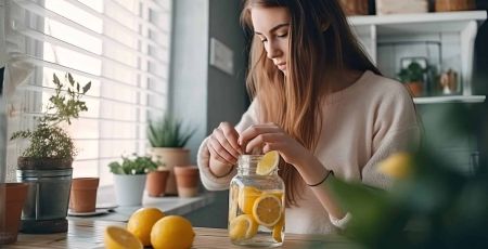 Une femme prépare une citronnade avec des citrons.