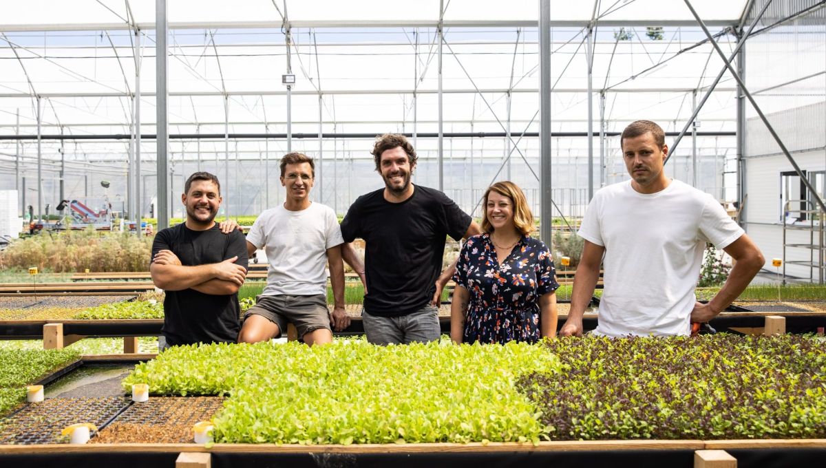 Les fondateurs de Nouvelles Fermes : Laura Gaury, Thomas Boisserie, Clément Follin, Arbelet, Paul Morel et Edouard Wautier, dans la ferme aquaponie urbaine à Mérignac