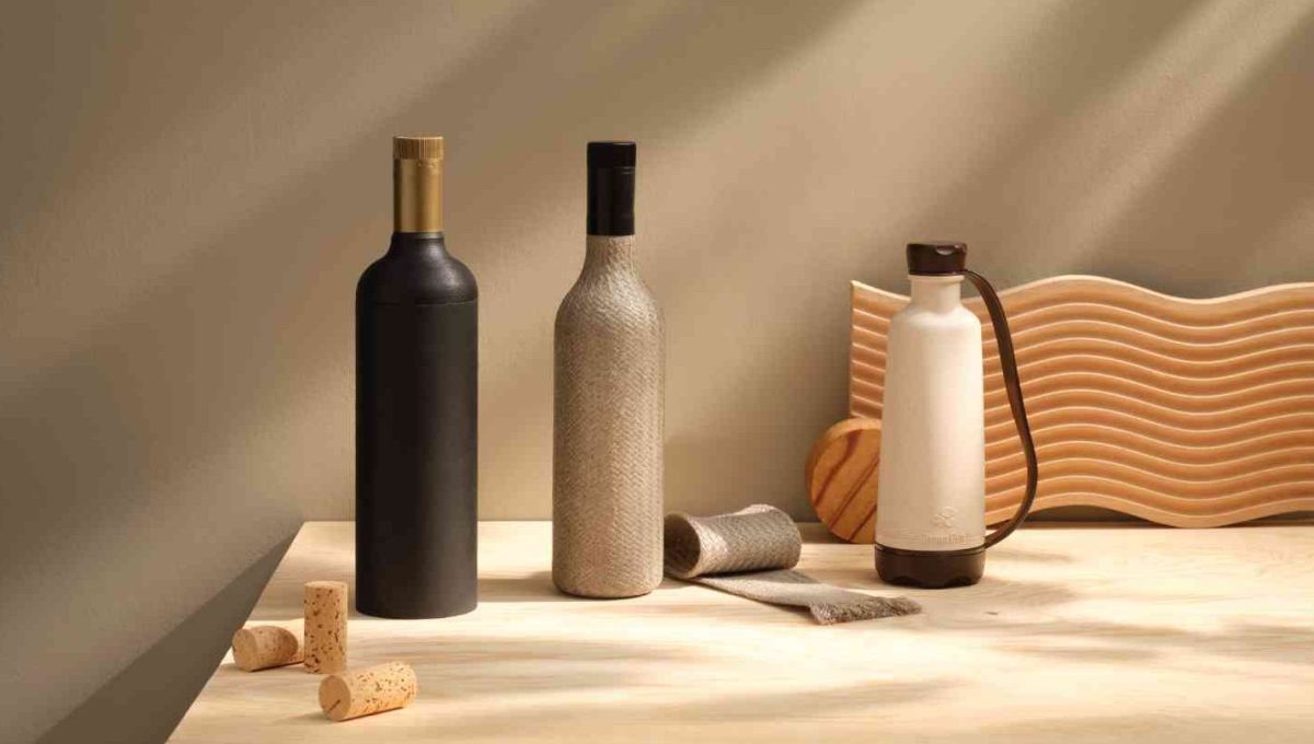 Il y a une bouteille de vin en carton qui est de couleur sombre et le bouchon est doré. A côté une autre bouteille de vin à base de fibres de lin tressées, puis il y a une gourde en résin de bois.
