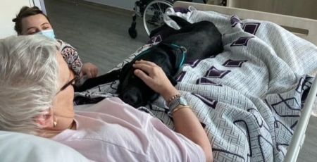 Un chien d'assistance est allongé sur une dame résidente d'un ehpad