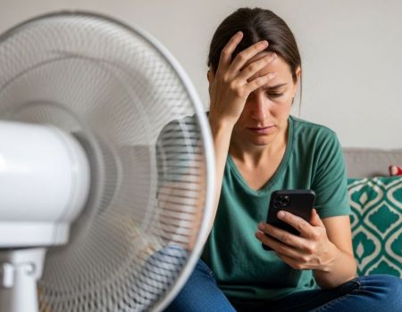 Femme qui a chaud devant un ventilateur