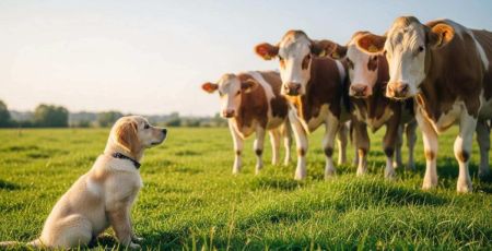 Chiot qui regarde des vaches