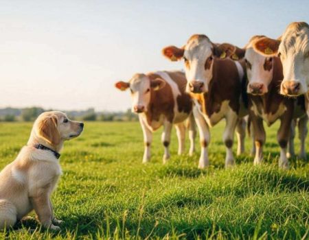 Chiot qui regarde des vaches