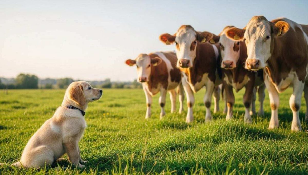 Chiot qui regarde des vaches