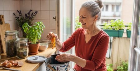 Grand-mère qui fait du compost